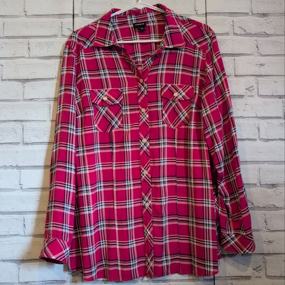 Torrid Women's Size XL Button Front Shirt Pink Blue White Plaid Roll Tab Sleeve